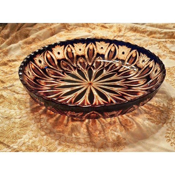 Bohemian Folk Other - Vintage Czech Bohemian Cut to Clear 12.5" Bowl Feather Pattern Brown Orange